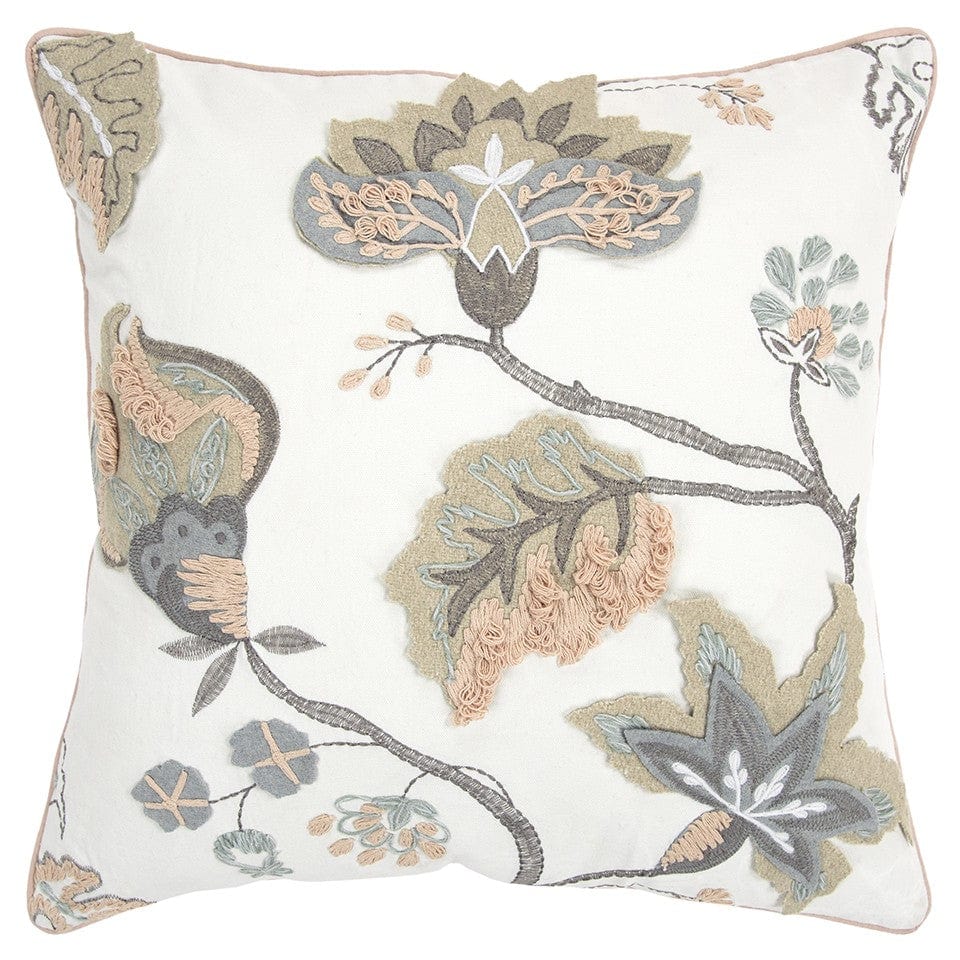20" White and Tan Jacobean Floral Cotton Throw Pillow With Applique and Embroidery - Homeroots - Flyclothing LLC
