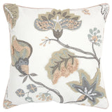20" White and Tan Jacobean Floral Cotton Throw Pillow With Applique and Embroidery - Homeroots