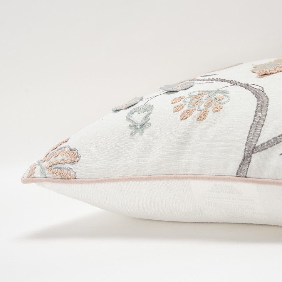20" White and Tan Jacobean Floral Cotton Throw Pillow With Applique and Embroidery - Homeroots - Flyclothing LLC