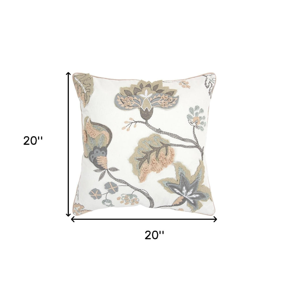 20" White and Tan Jacobean Floral Cotton Throw Pillow With Applique and Embroidery - Homeroots - Flyclothing LLC