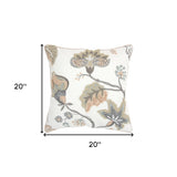 20" White and Tan Jacobean Floral Cotton Throw Pillow With Applique and Embroidery - Homeroots - Flyclothing LLC