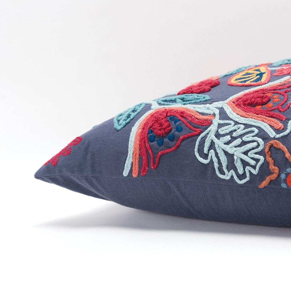 Dark Blue Jacobean Bloom Embroidered Throw Pillow - Homeroots - Flyclothing LLC