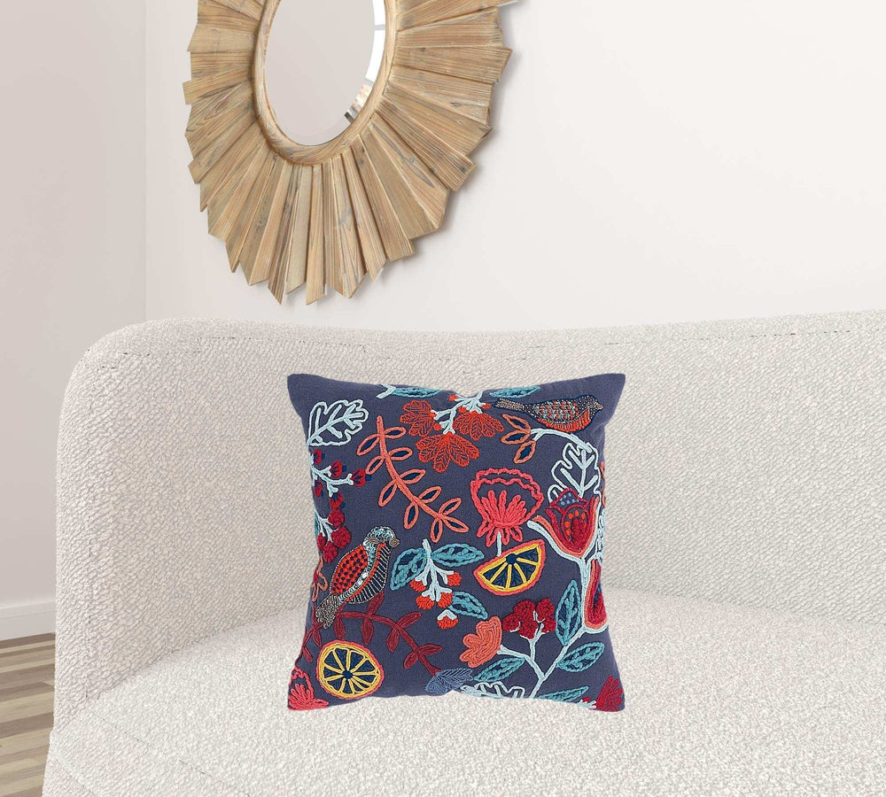 Dark Blue Jacobean Bloom Embroidered Throw Pillow - Homeroots - Flyclothing LLC