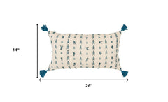 Teal Beige Tribal Inspired Tasseled Lumbar Pillow
