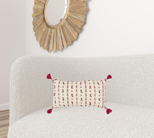 Red Beige Tribal Inspired Tasseled Lumbar Pillow - Homeroots