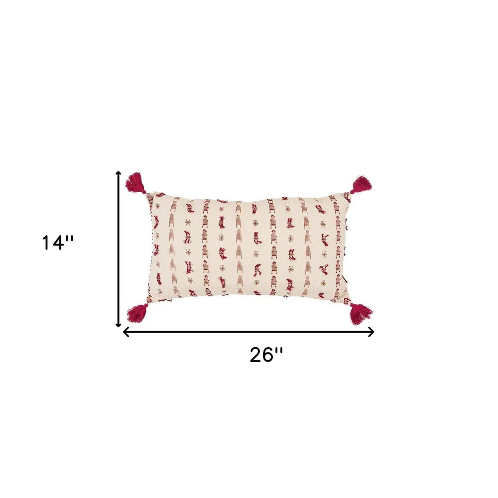 Red Beige Tribal Inspired Tasseled Lumbar Pillow - Homeroots - Flyclothing LLC
