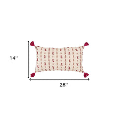 Red Beige Tribal Inspired Tasseled Lumbar Pillow - Homeroots