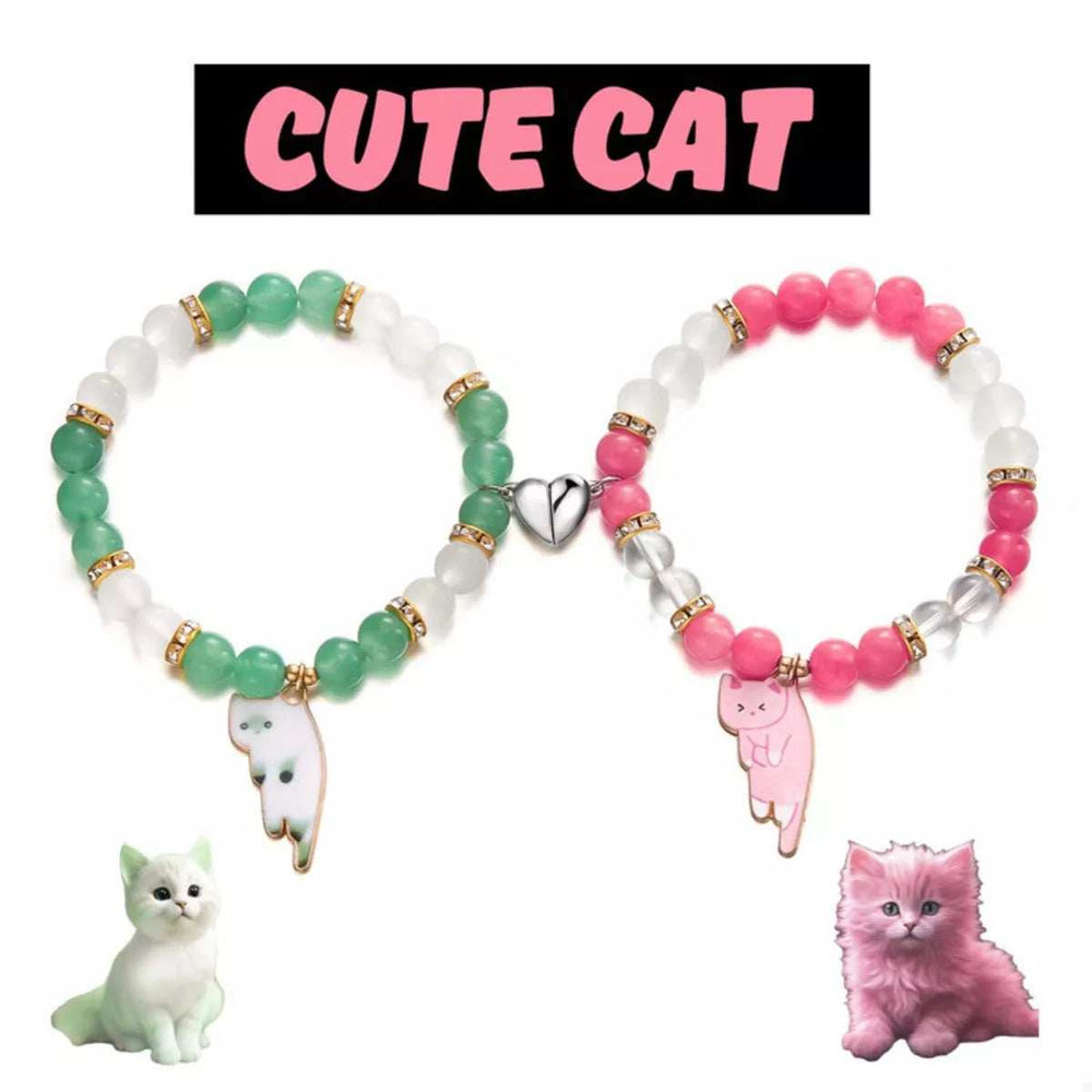 2 Piece Beaded Cat Charm Bracelet - Trendsi - Flyclothing LLC