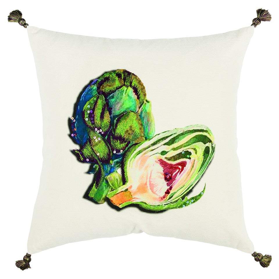 White Green Embroidered Artichoke Throw Pillow - Homeroots - Flyclothing LLC