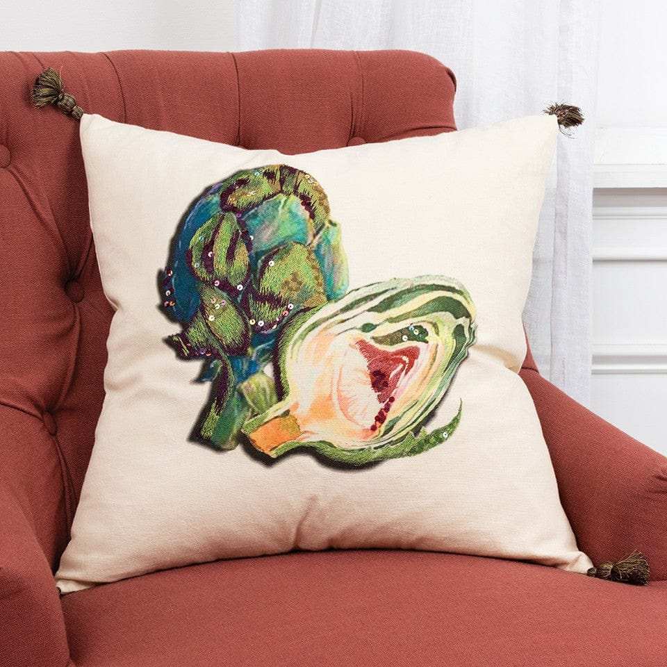 White Green Embroidered Artichoke Throw Pillow - Homeroots - Flyclothing LLC
