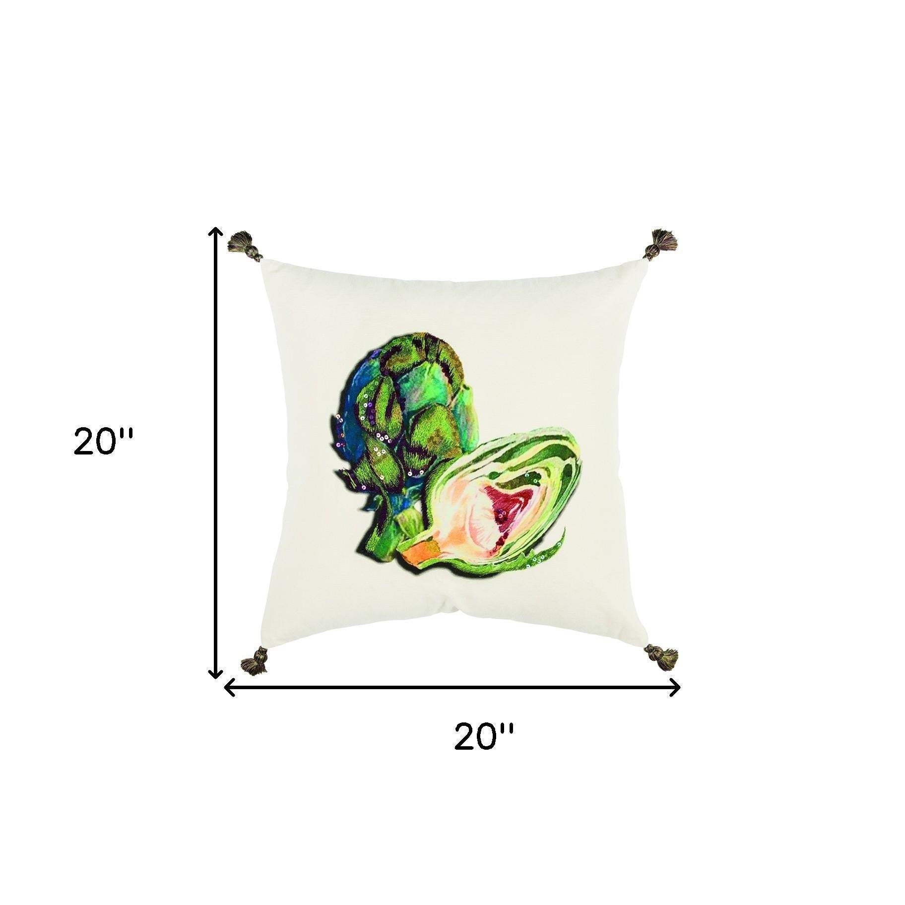 White Green Embroidered Artichoke Throw Pillow - Homeroots - Flyclothing LLC