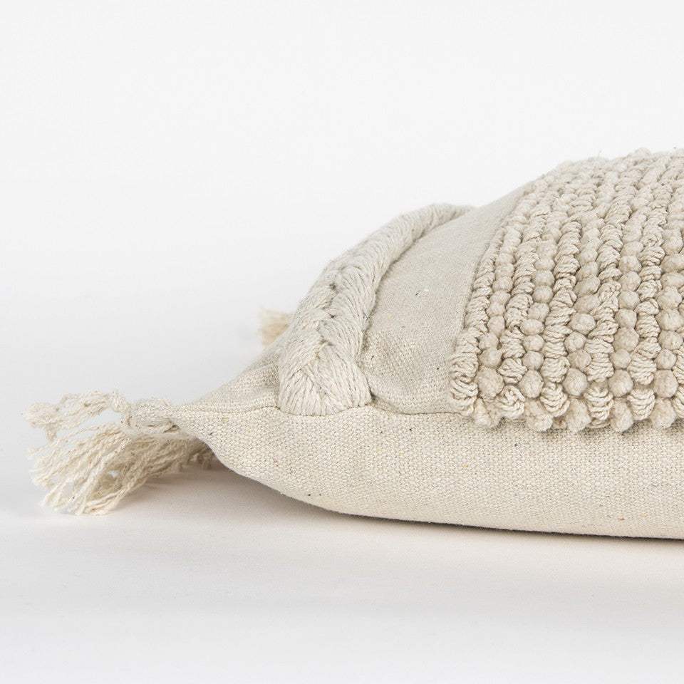 Ivory Braided Stripe Macrame Fringe Lumbar Pillow - Homeroots - Flyclothing LLC
