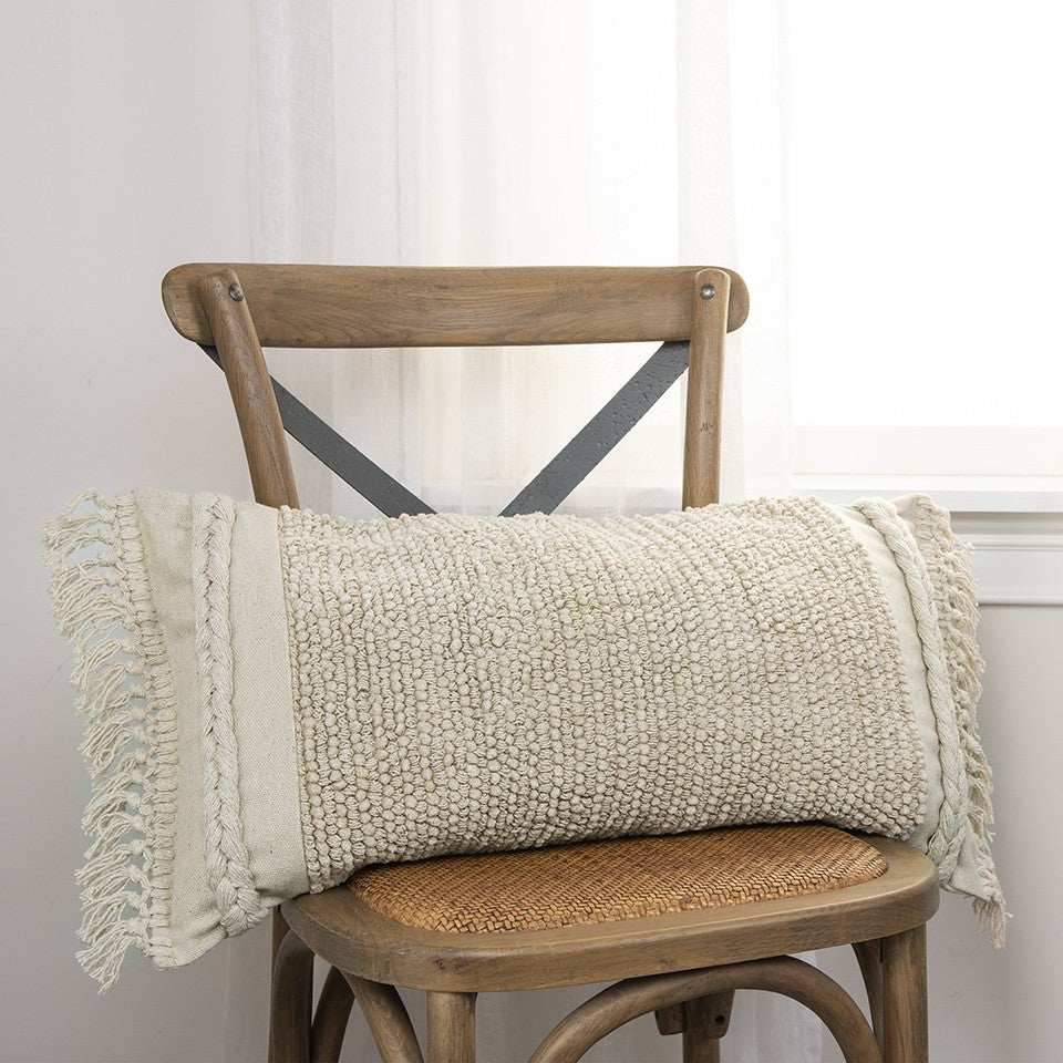 Ivory Braided Stripe Macrame Fringe Lumbar Pillow - Homeroots - Flyclothing LLC