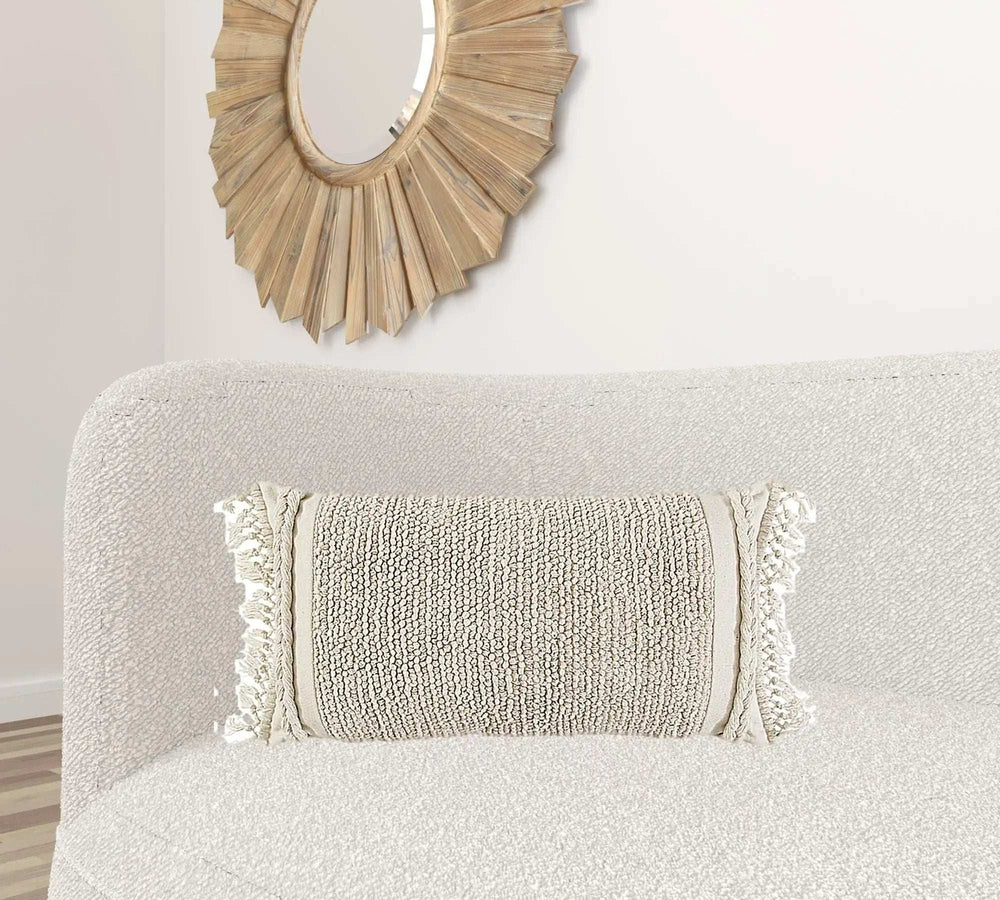 Ivory Braided Stripe Macrame Fringe Lumbar Pillow - Homeroots - Flyclothing LLC