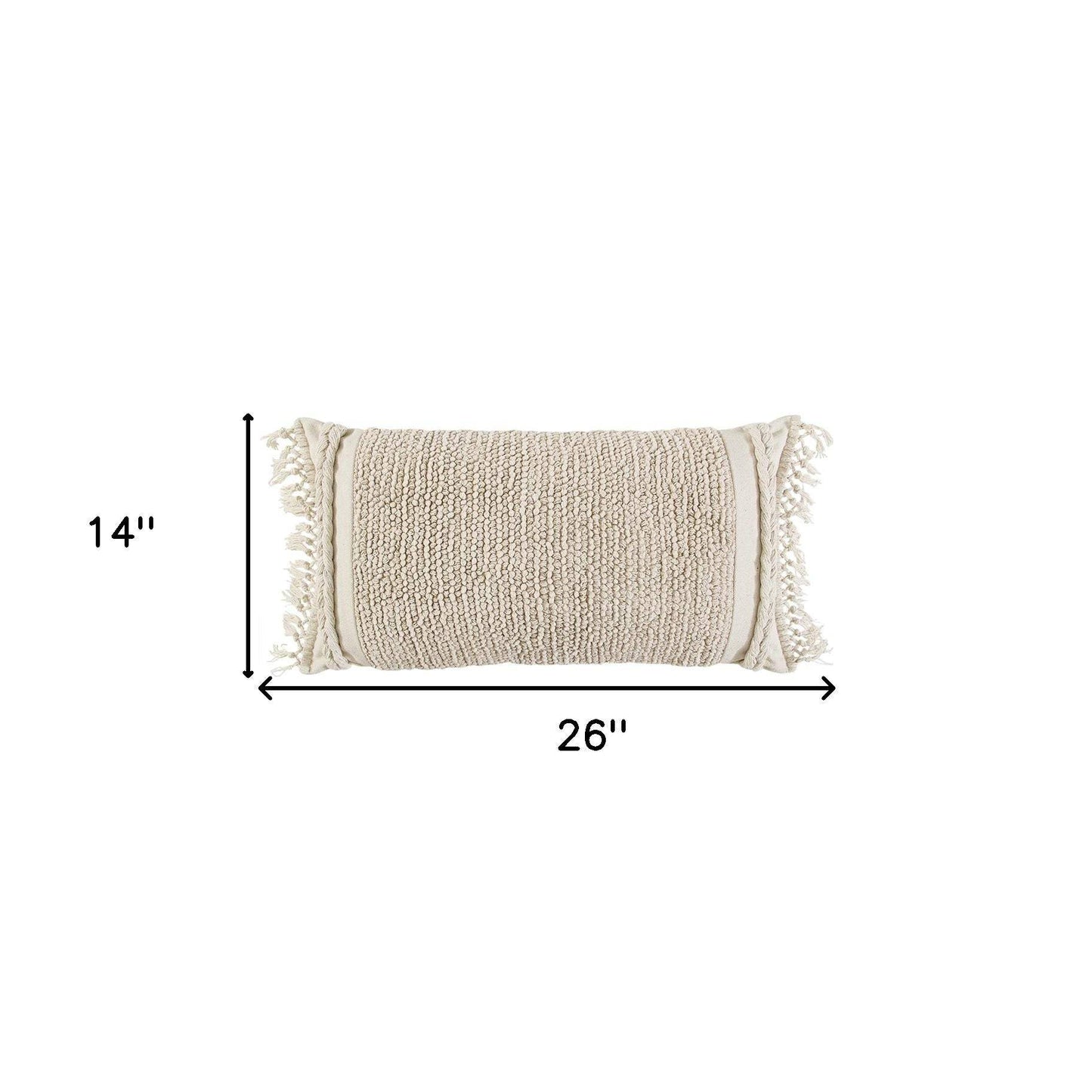 Ivory Braided Stripe Macrame Fringe Lumbar Pillow - Homeroots - Flyclothing LLC