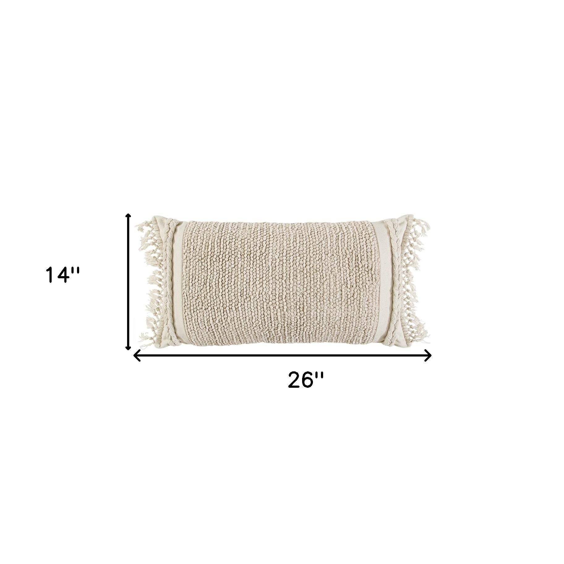 Ivory Braided Stripe Macrame Fringe Lumbar Pillow - Homeroots - Flyclothing LLC