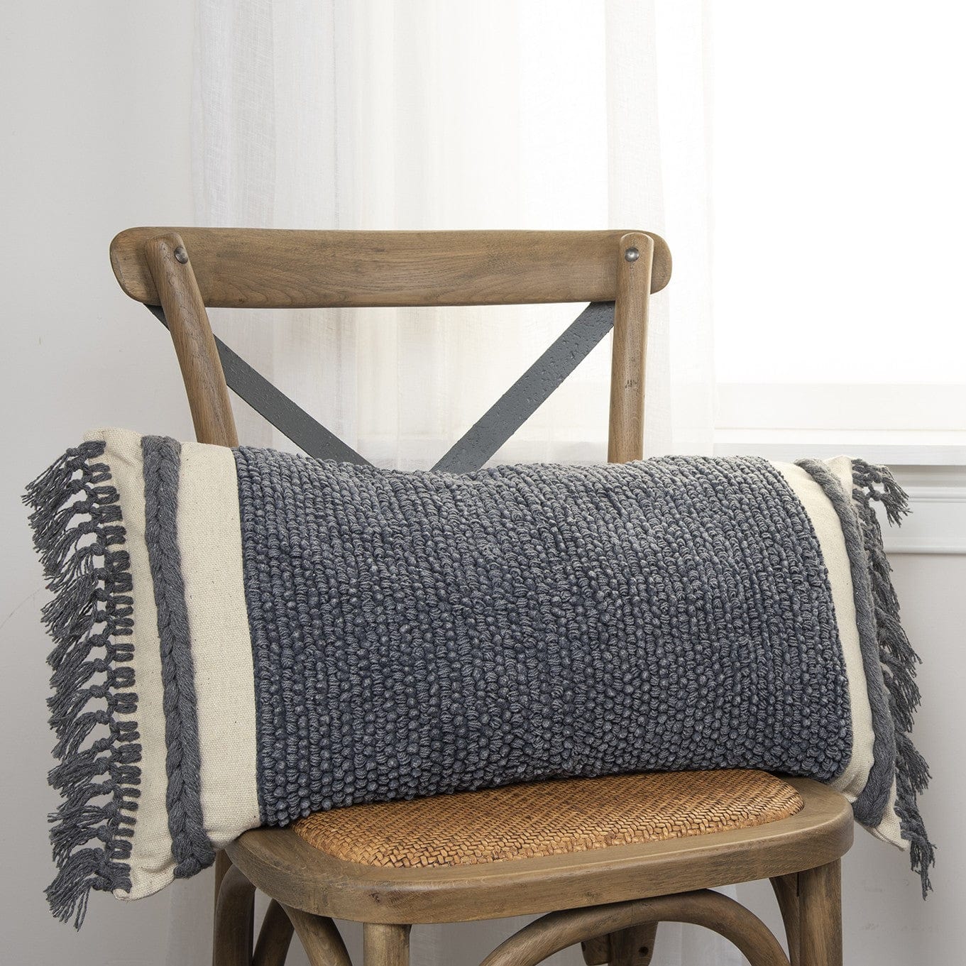 Gray Braided Stripe Macrame Fringe Lumbar Pillow - Homeroots