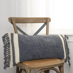 Gray Braided Stripe Macrame Fringe Lumbar Pillow - Homeroots