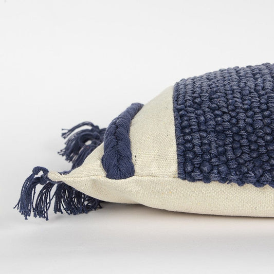 Blue Braided Stripe Macrame Fringe Lumbar Pillow - Homeroots