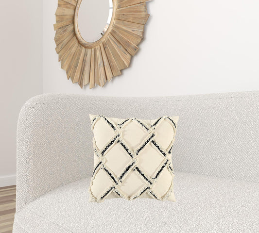 18" Cream and Black Textured Lattice Throw Pillow - Homeroots