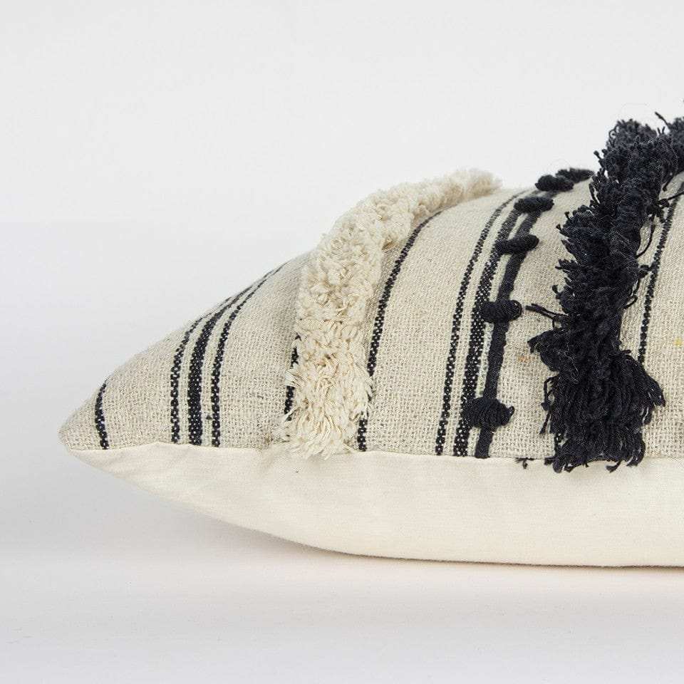 Beige Black Eyelash Fringe Textured Lumbar Pillow - Homeroots - Flyclothing LLC