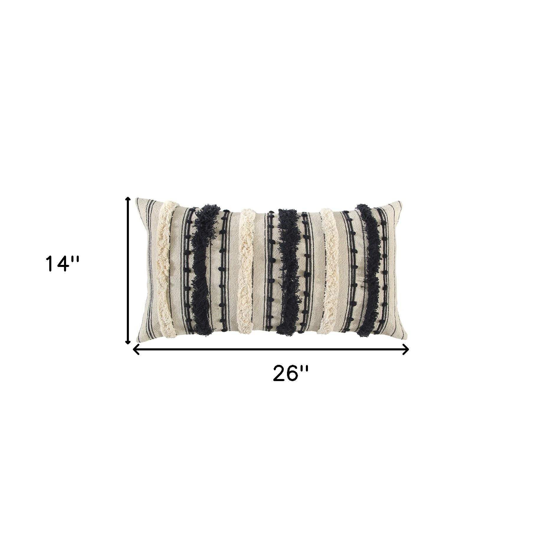 Beige Black Eyelash Fringe Textured Lumbar Pillow - Homeroots - Flyclothing LLC