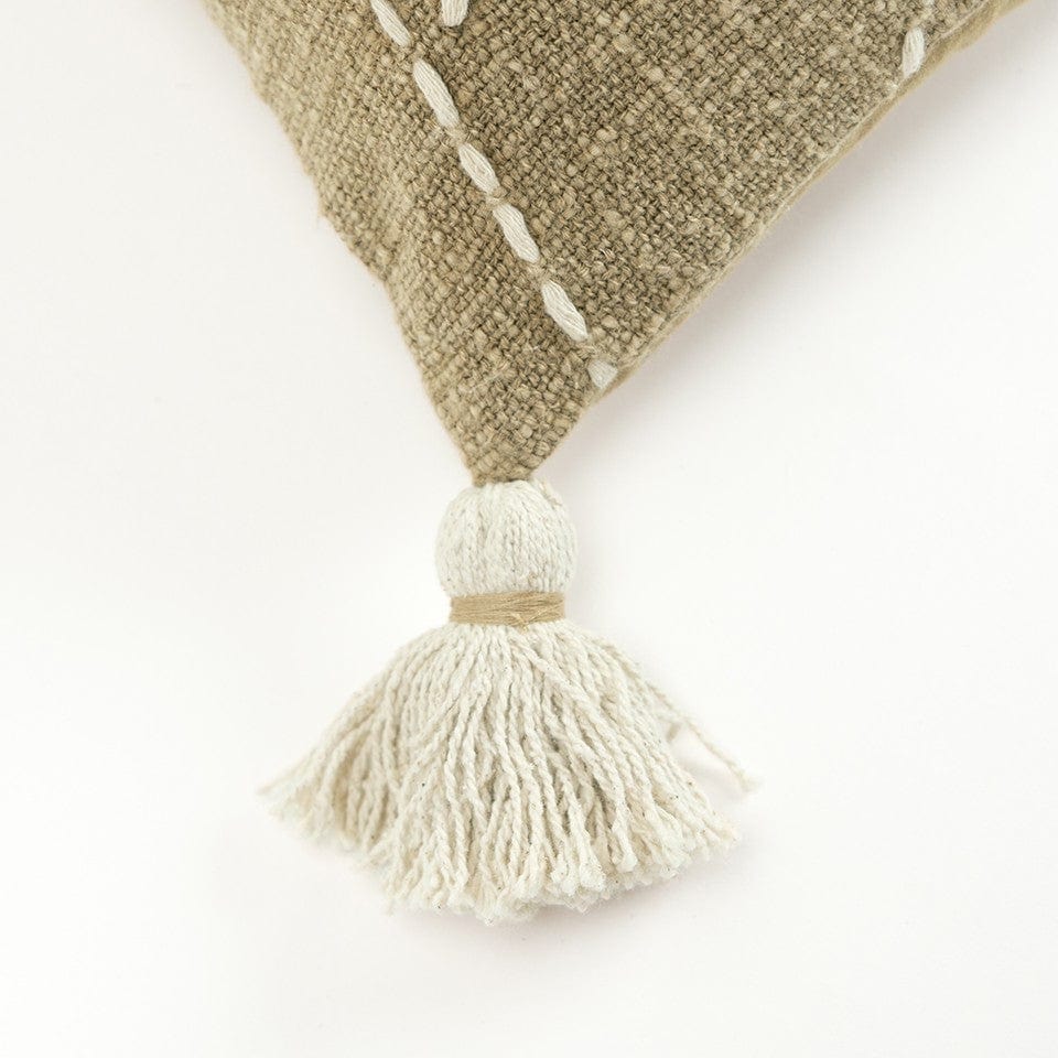 Khaki Cream Kantha Stitch Tasseled Throw Pillow - Homeroots