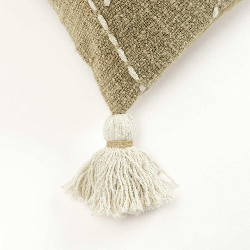 Khaki Cream Kantha Stitch Tasseled Throw Pillow - Homeroots - Flyclothing LLC