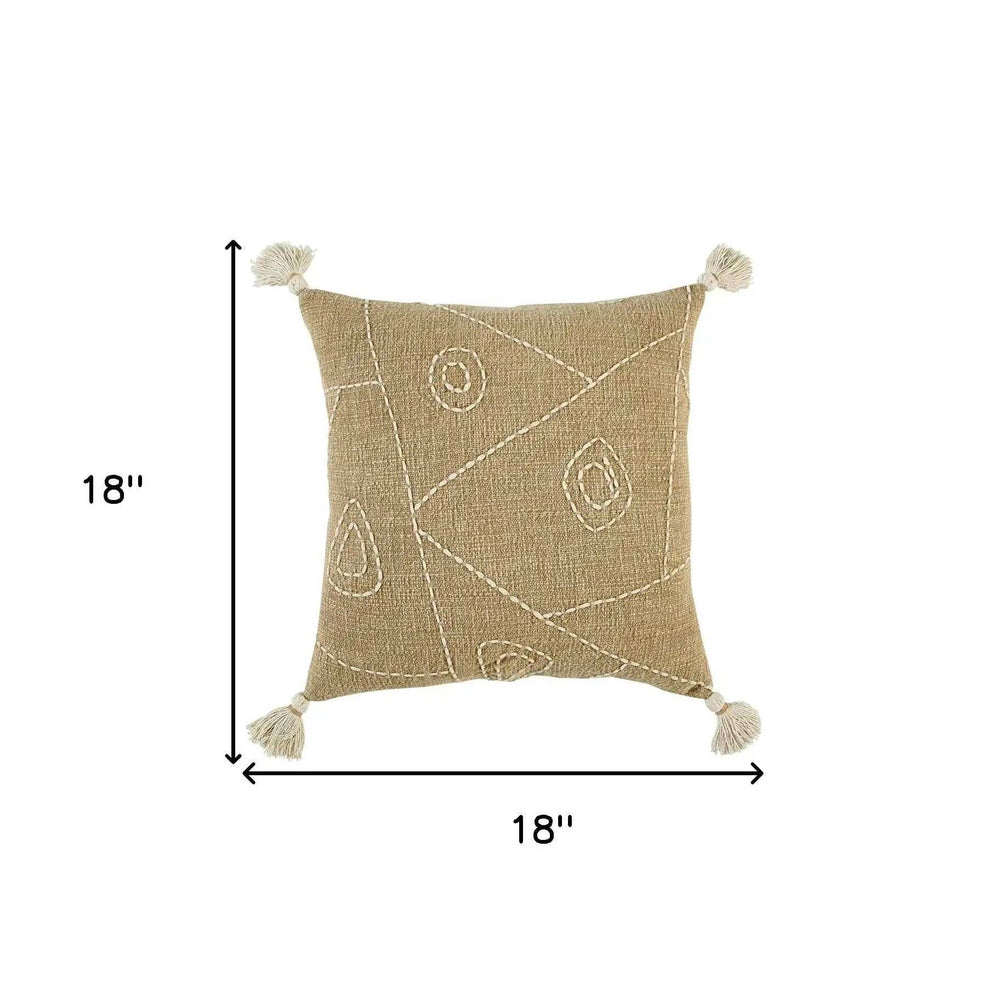 Khaki Cream Kantha Stitch Tasseled Throw Pillow - Homeroots - Flyclothing LLC