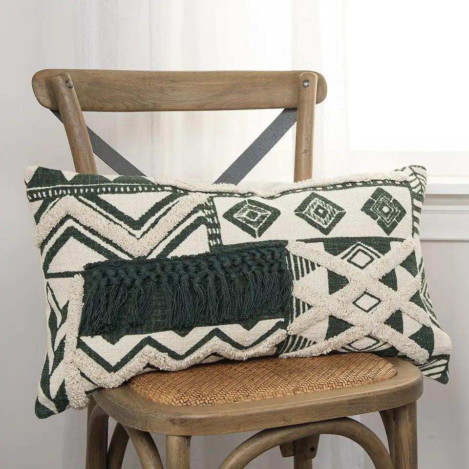 Ivory Green Geometric Boho Chic Lumbar Pillow - Homeroots - Flyclothing LLC