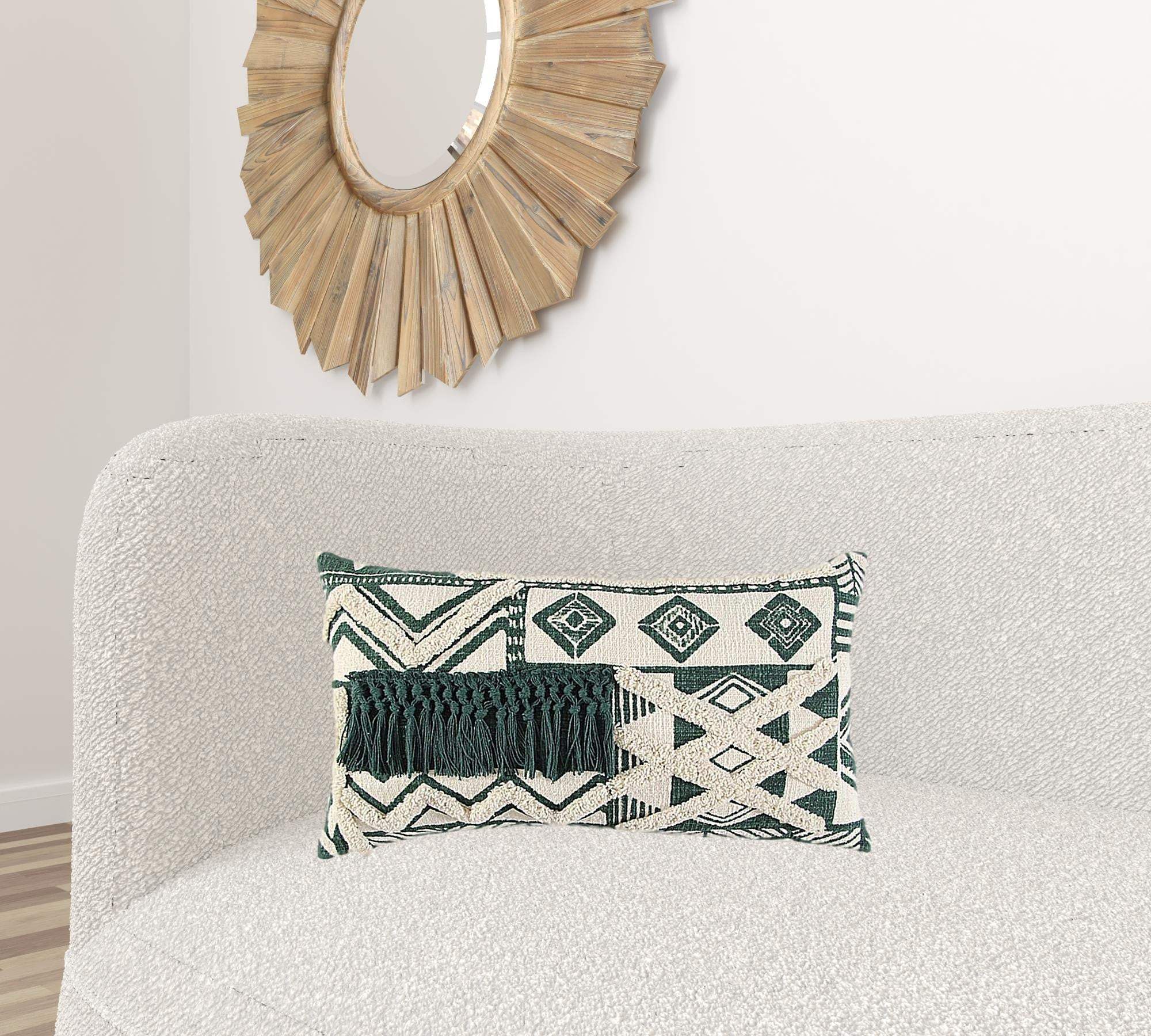 Ivory Green Geometric Boho Chic Lumbar Pillow - Homeroots - Flyclothing LLC