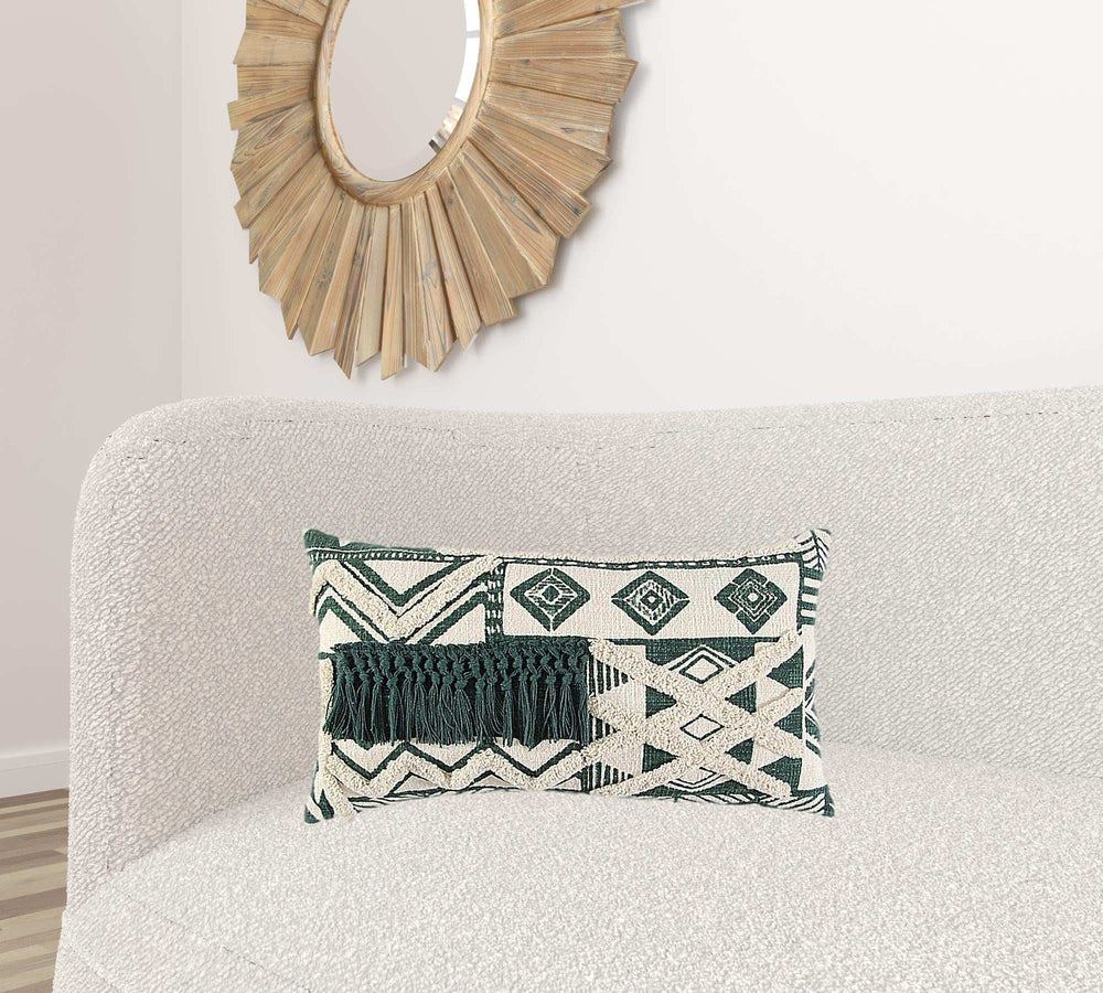 Ivory Green Geometric Boho Chic Lumbar Pillow - Homeroots - Flyclothing LLC