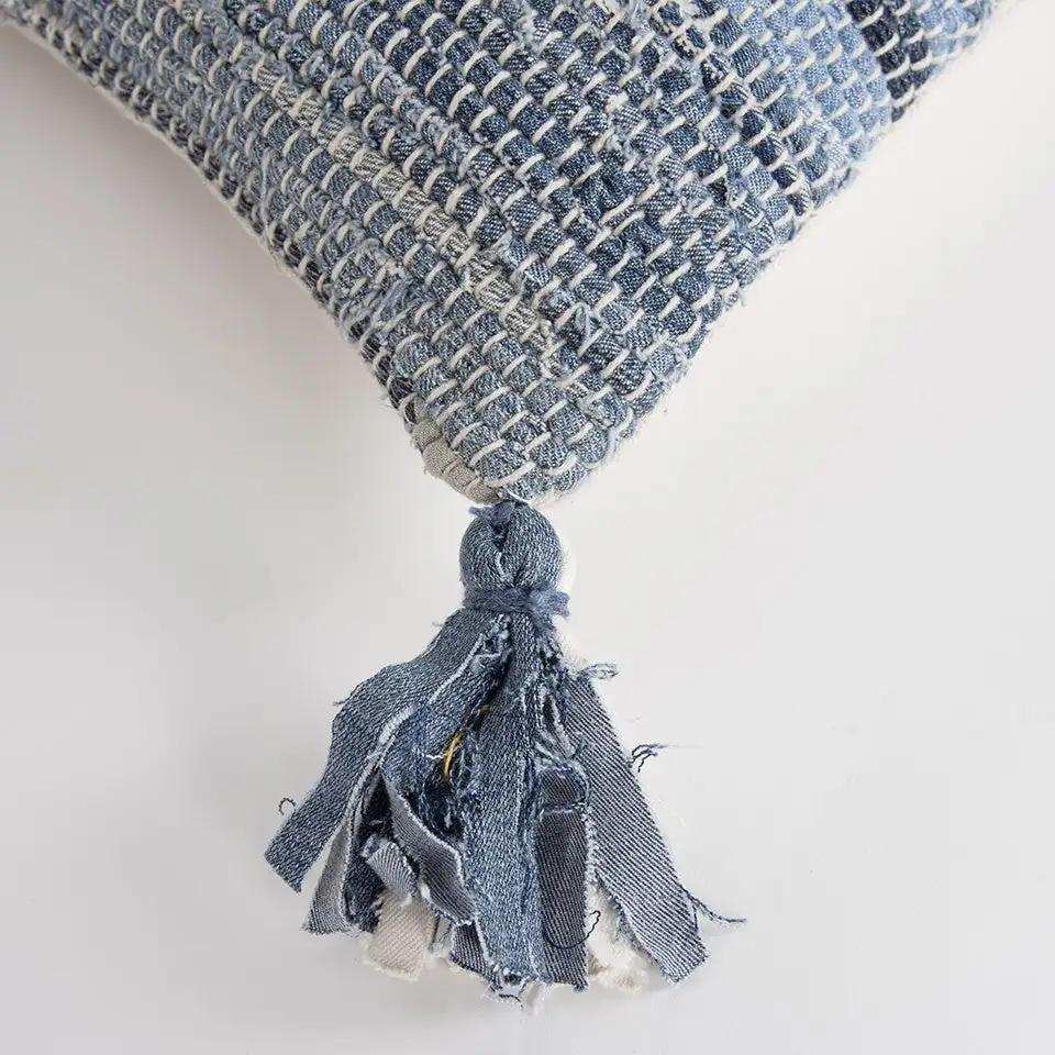 Denim Blue Repurposed Woven Strips Lumbar Pillow - Homeroots - Flyclothing LLC