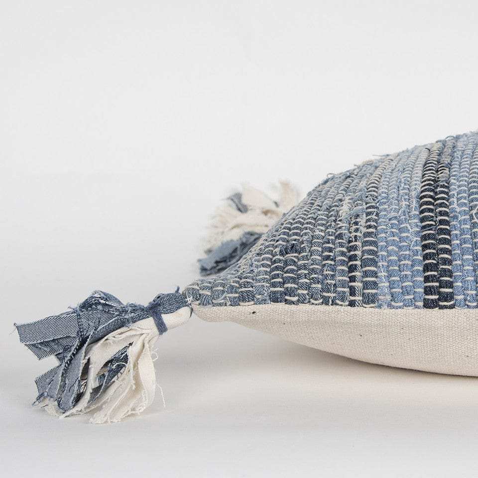 Denim Blue Repurposed Woven Strips Lumbar Pillow - Homeroots - Flyclothing LLC