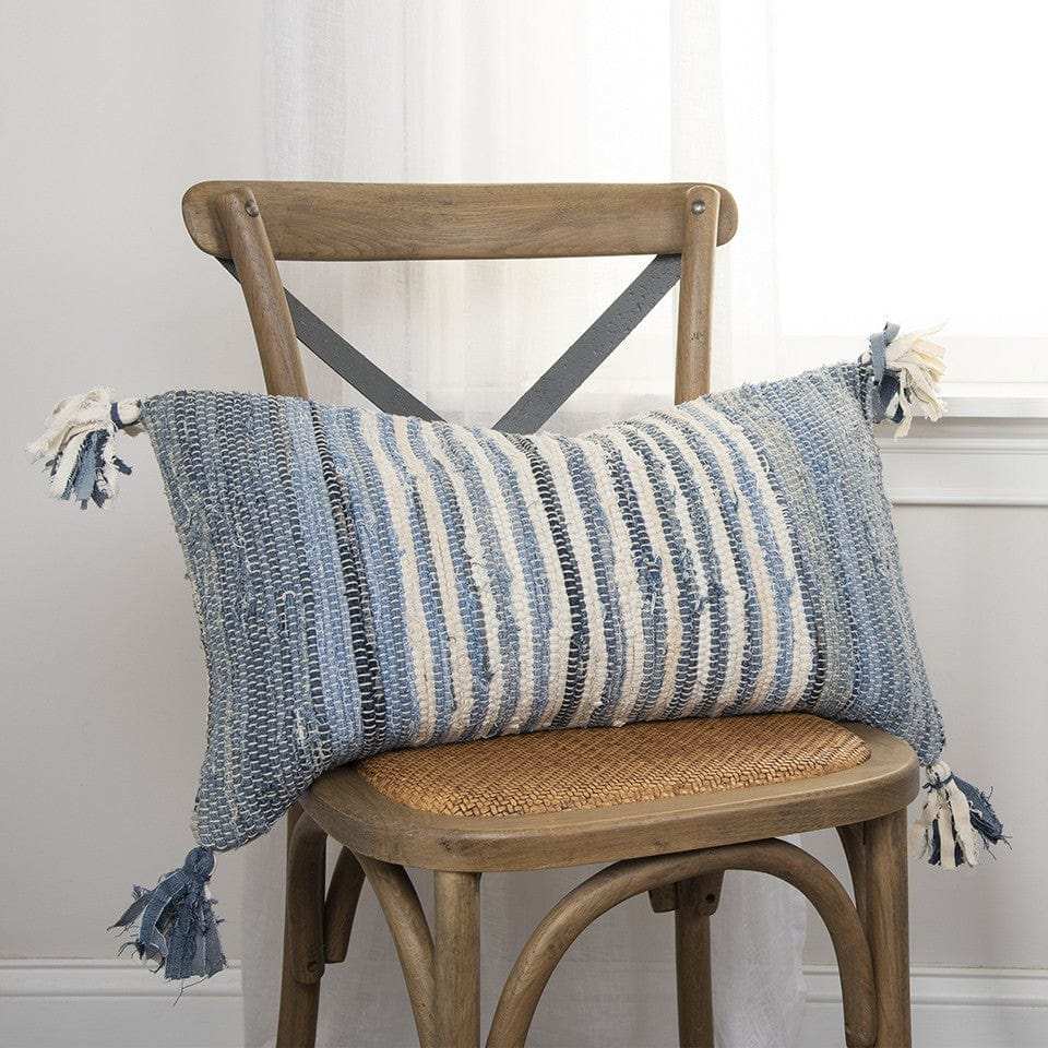 Denim Blue Repurposed Woven Strips Lumbar Pillow - Homeroots - Flyclothing LLC