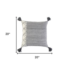 20" Gray and Ivory Herringbone Cotton Throw Pillow With Tassels