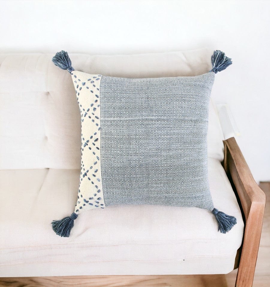 20" Blue and Ivory Herringbone Cotton Throw Pillow With Tassels - Homeroots - Flyclothing LLC