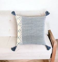20" Blue and Ivory Herringbone Cotton Throw Pillow With Tassels - Homeroots