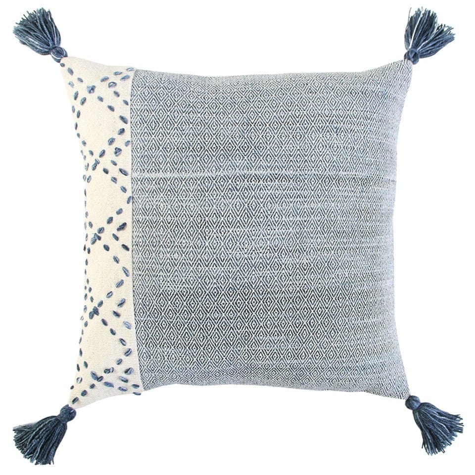 20" Blue and Ivory Herringbone Cotton Throw Pillow With Tassels - Homeroots - Flyclothing LLC