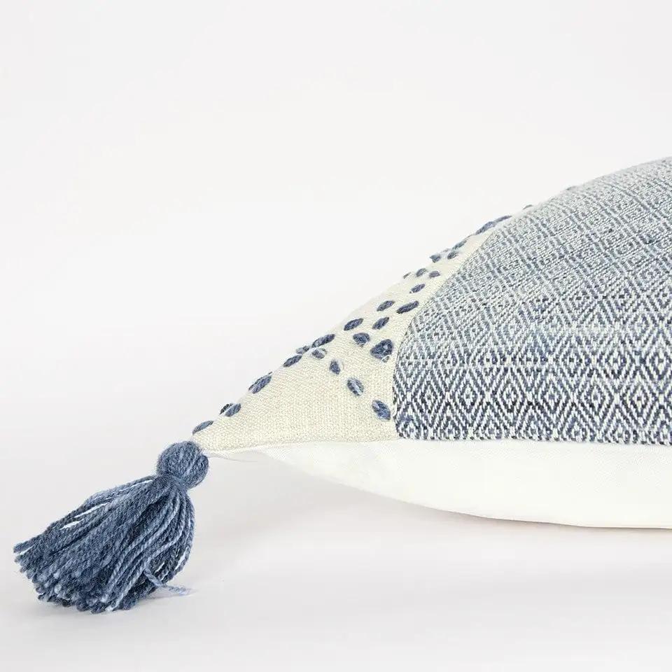 20" Blue and Ivory Herringbone Cotton Throw Pillow With Tassels - Homeroots - Flyclothing LLC