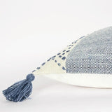 20" Blue and Ivory Herringbone Cotton Throw Pillow With Tassels - Homeroots