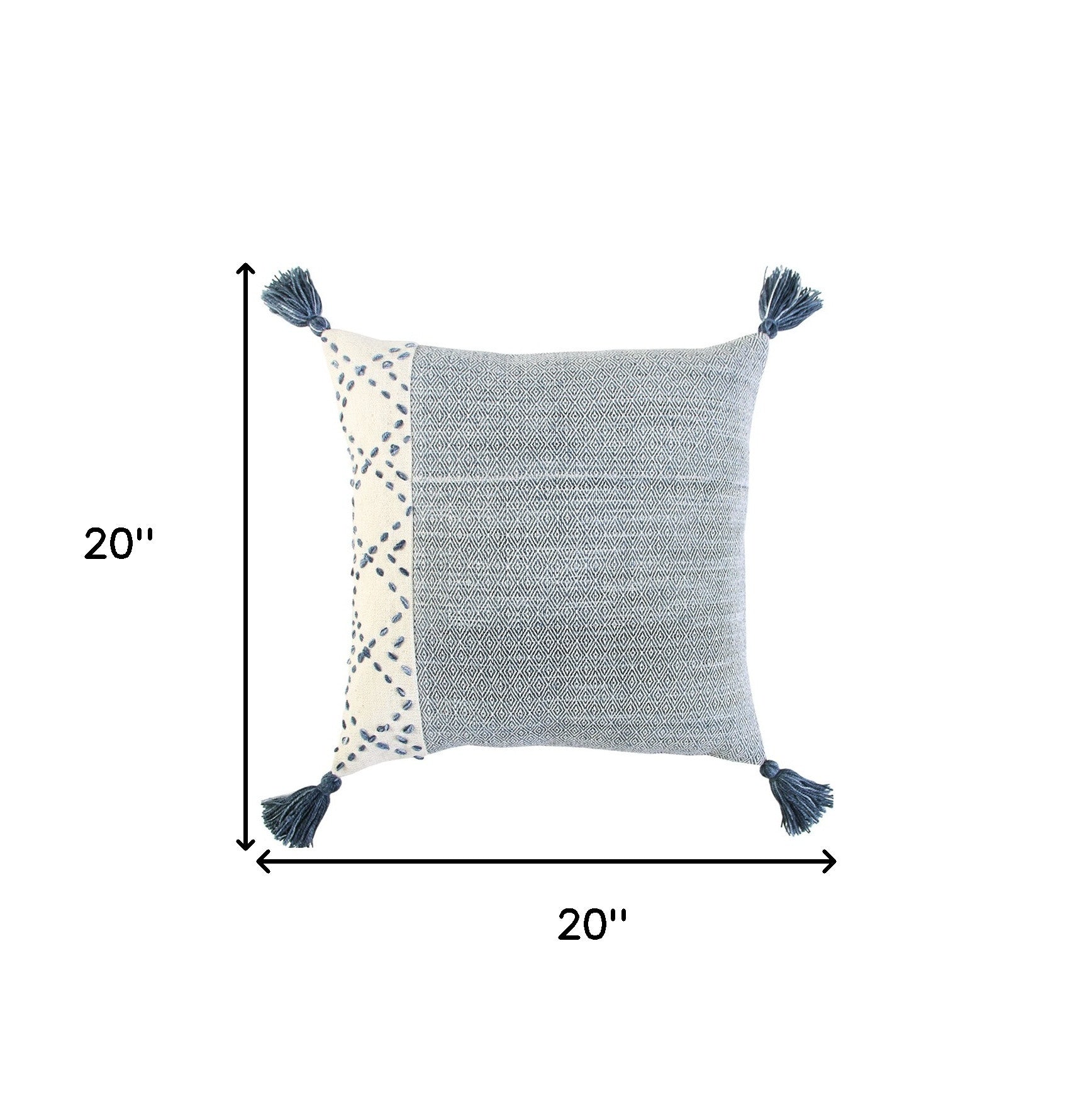 20" Blue and Ivory Herringbone Cotton Throw Pillow With Tassels