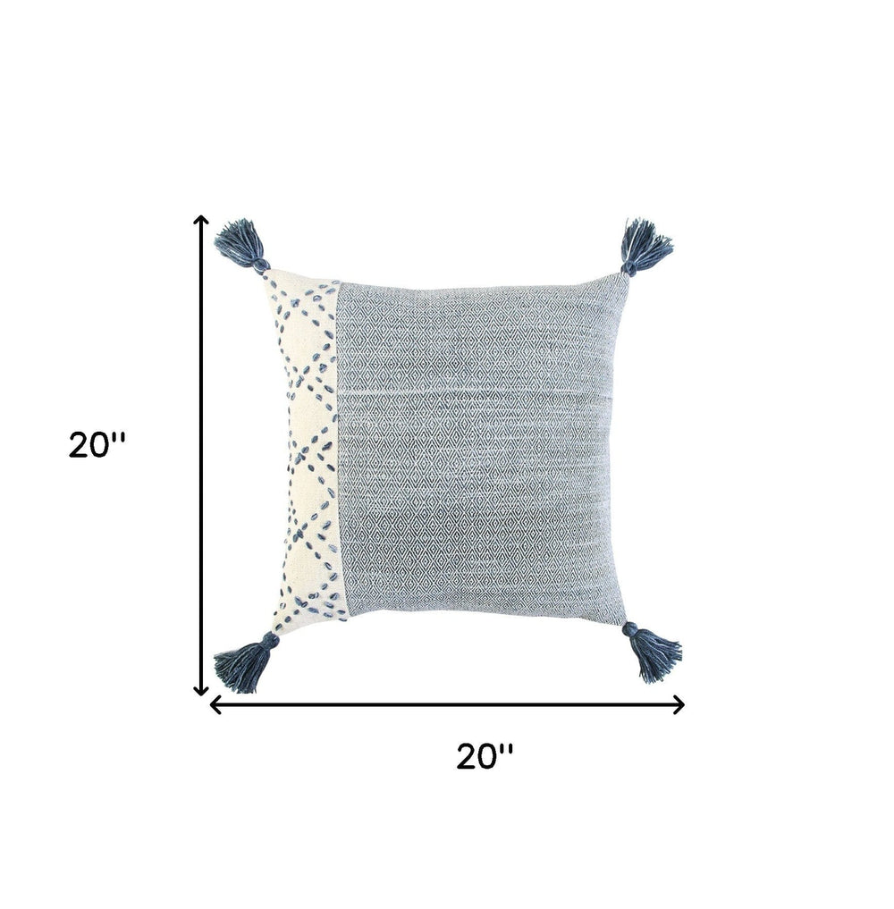 20" Blue and Ivory Herringbone Cotton Throw Pillow With Tassels - Homeroots - Flyclothing LLC
