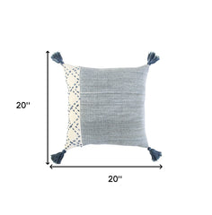 20" Blue and Ivory Herringbone Cotton Throw Pillow With Tassels