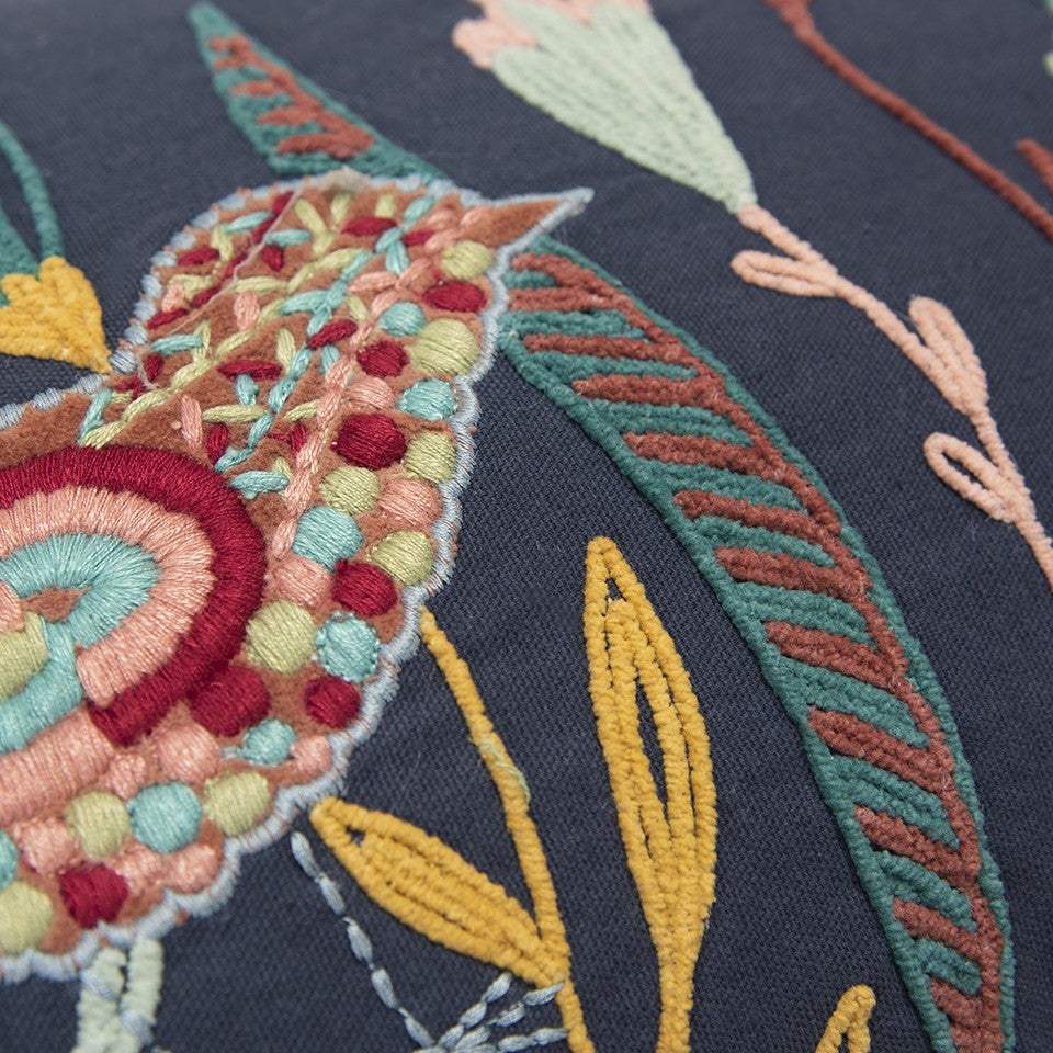 Blue Botanical and Bird Embroidered Lumbar Pillow - Homeroots - Flyclothing LLC