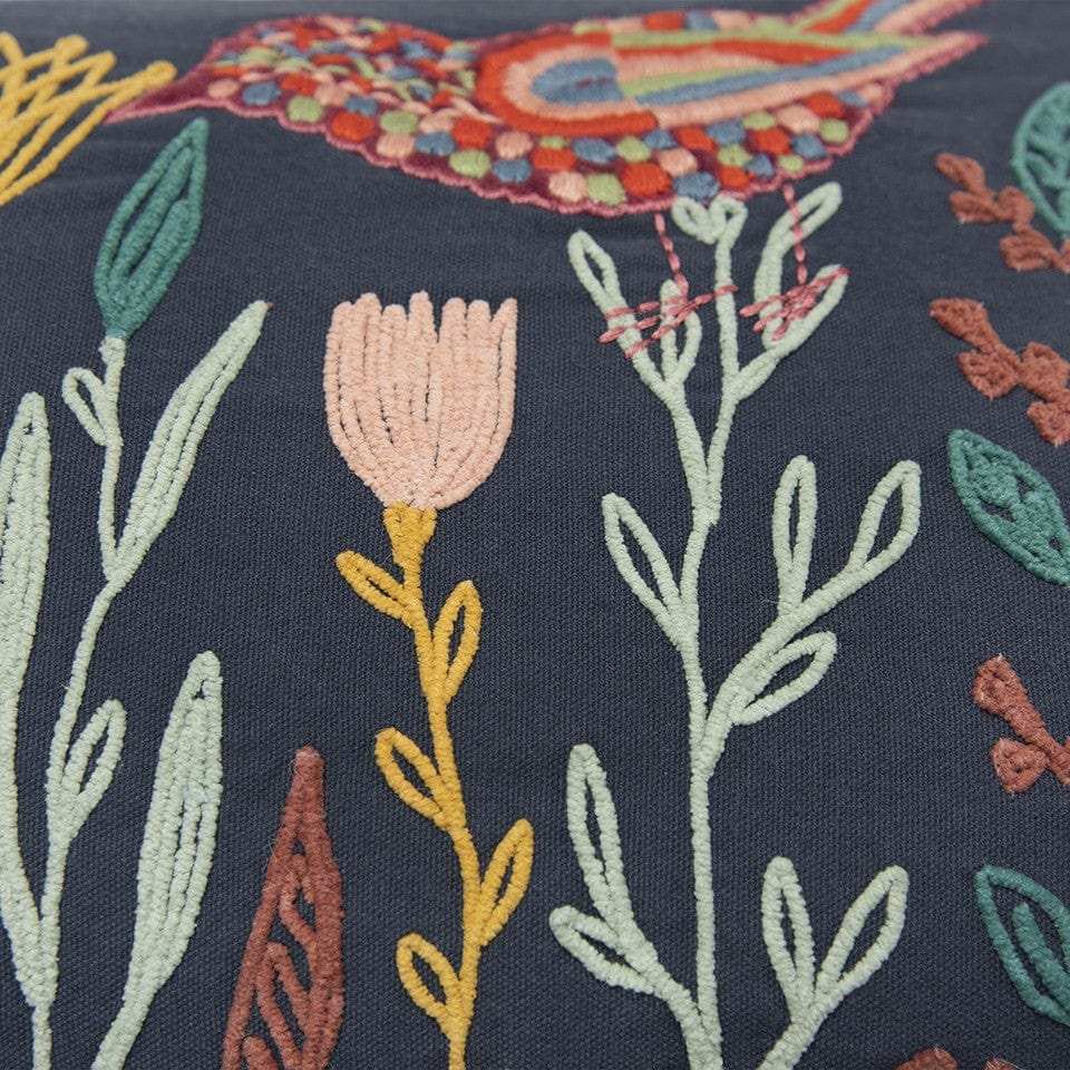 Blue Botanical and Bird Embroidered Lumbar Pillow - Homeroots - Flyclothing LLC