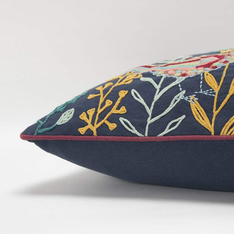 Blue Botanical and Bird Embroidered Lumbar Pillow - Homeroots - Flyclothing LLC