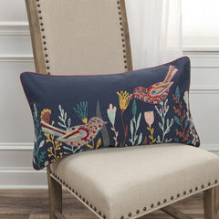 Blue Botanical and Bird Embroidered Lumbar Pillow - Homeroots