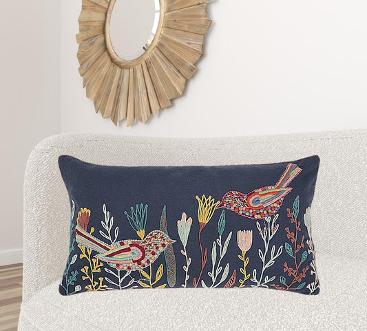 Blue Botanical and Bird Embroidered Lumbar Pillow - Homeroots