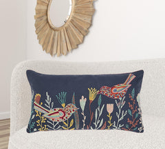 Blue Botanical and Bird Embroidered Lumbar Pillow - Homeroots